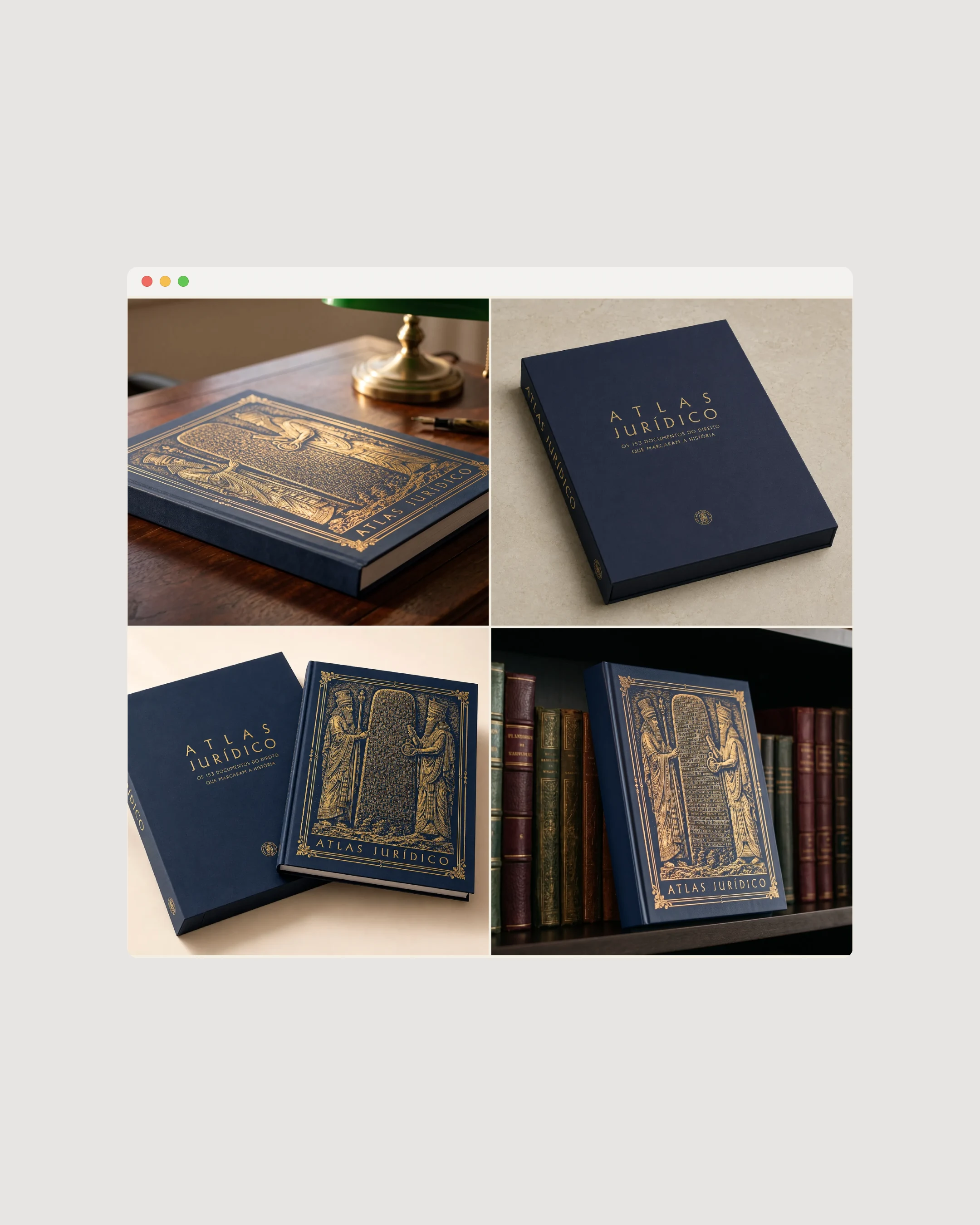 Fotografia de produto em estante e mesa de trabalho para ancorar o valor do livro como peça física.