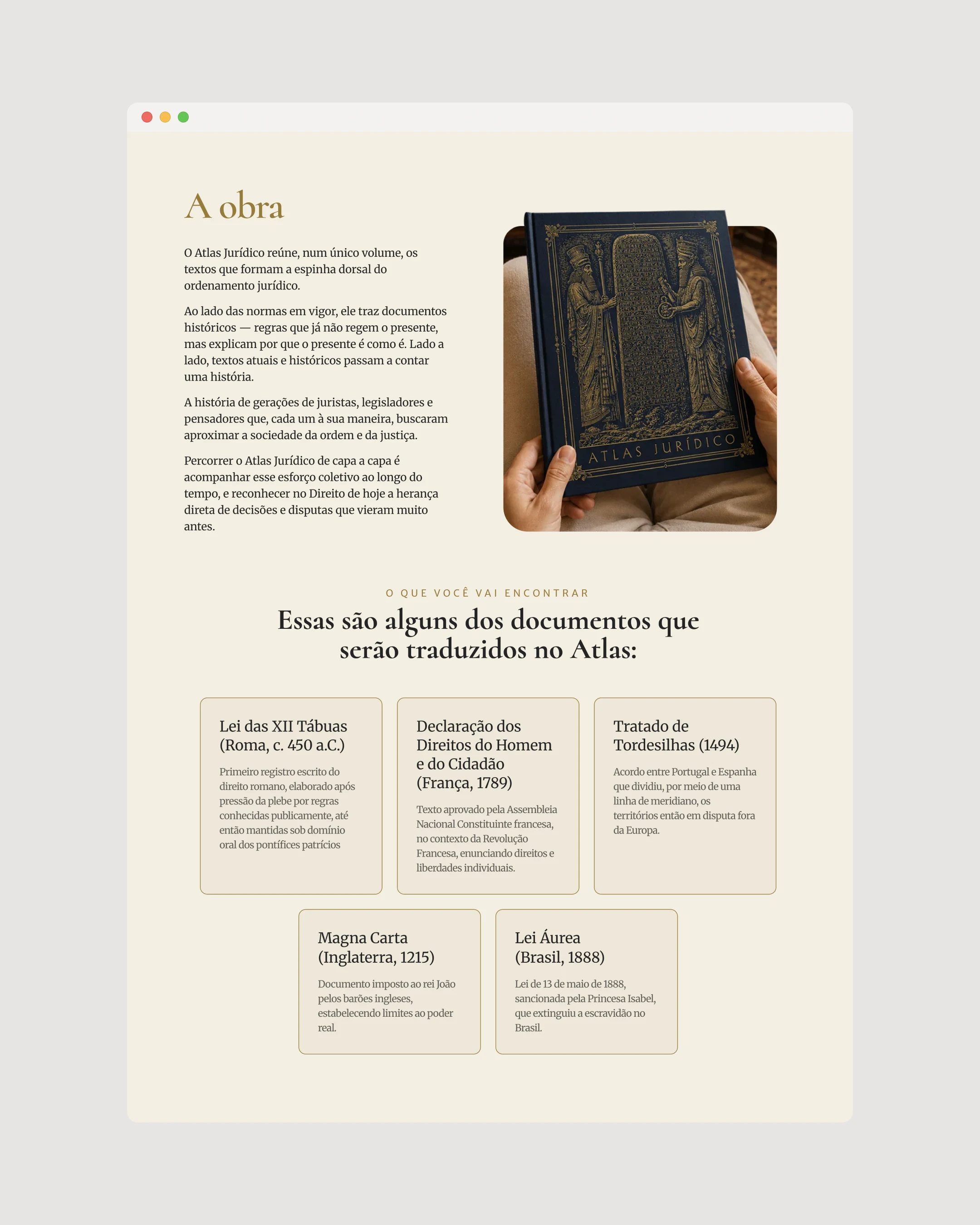 Documentos históricos apresentados com cards próprios e contexto individual.